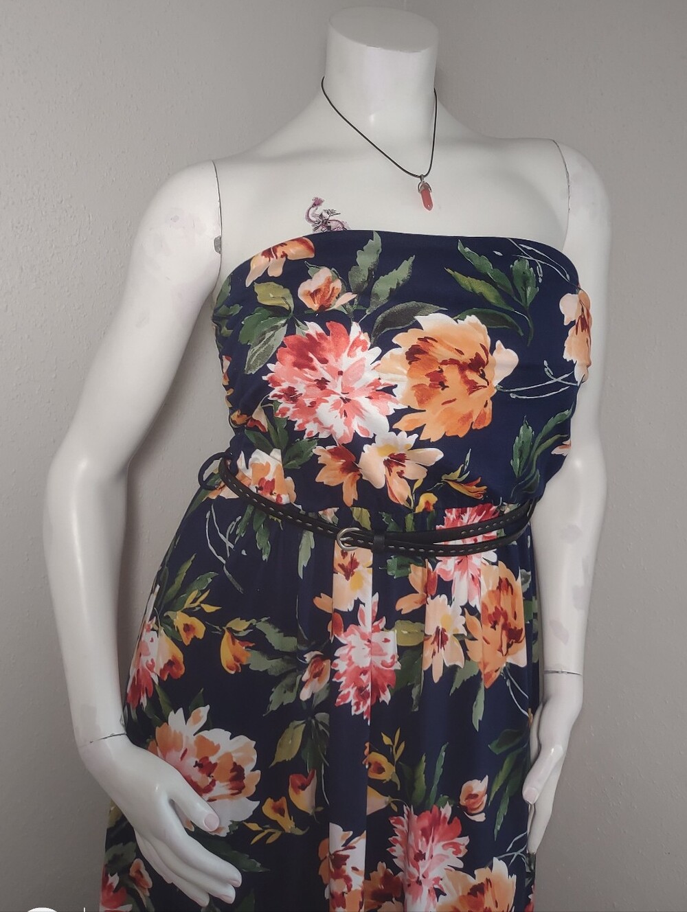 Navy Blue Strapless Floral Maxi Dress - Picture 2 of 2